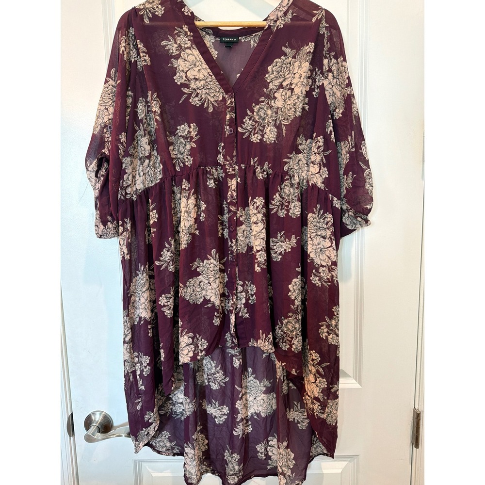 Torrid Lexie Floral Chiffon High Low Tunic Top Burgundy Wine Size 3 3X